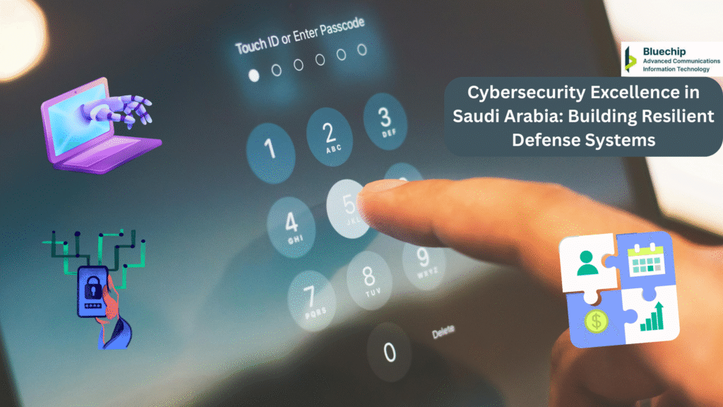 Hand entering passcode on digital screen with cybersecurity icons, symbolizing advanced defense systems and technology solutions in Saudi Arabia.