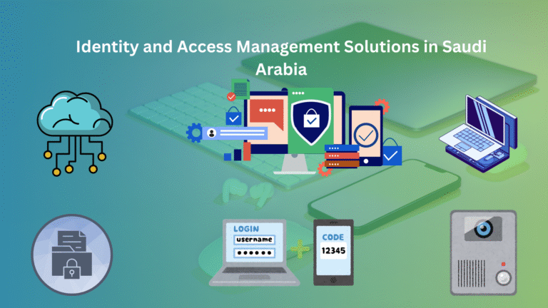 Illustration showing various components of Identity and Access Management (IAM), including a cloud, computers, mobile devices, security shields, a login screen with username and password, a multi-factor authentication (MFA) code, and a security camera, representing secure digital access.