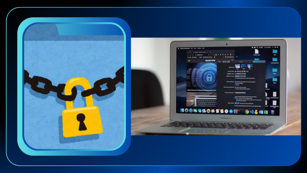 Illustration of a yellow padlock on a chain next to a laptop displaying password management best practices, symbolizing identity and access management in Saudi Arabia.