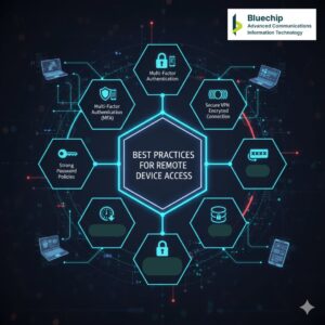Bluechip logo over an infographic showing "Best Practices for Remote Device Access," including Multi-Factor Authentication (MFA), Secure VPN Encrypted Connection, and Strong Password Policies, linked to various mobile devices.