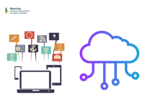 Visuals to show cloud solutions connecting diverse digital devices and communication services. Illustration of digital transformation and cloud computing infrastructure for businesses in Saudi Arabia. Logo mentioned of Bluechip Solutions Saudi Arabia | IT Solutions Provider KSA