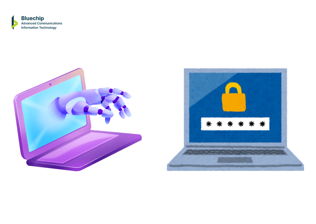 Bluechip Solutions Saudi Arabia Logo on left Visuals showing cybersecurity protecting a laptop from cyber threats. Illustration of data protection and network security against unauthorized access.