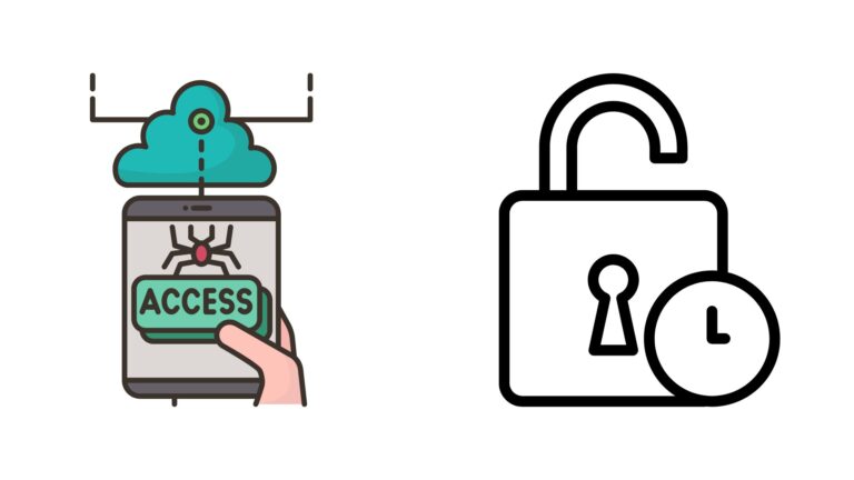 An illustration depicting a hand holding a mobile device showing a cloud, a red spider-like icon indicating a threat or malicious access attempt, and a green "ACCESS" button, juxtaposed with an outline of an unlocked padlock. The image relates to cybersecurity and access control, specifically Privileged Access Management (PAM).