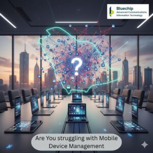 Graphic to describe Mobile Device Management Bluechip logo over a modern boardroom with a glowing outline of Saudi Arabia filled with connected device icons and a question mark, surrounded by laptops and tablets, illustrating MDM complexity.