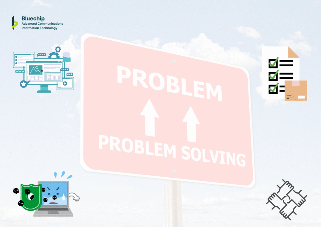 Bluechip Solutions: Graphic showing a sign that says "PROBLEM" pointing up and "PROBLEM SOLVING" pointing up, surrounded by icons for IT services, cybersecurity (a shield protecting a laptop), checklists, and teamwork.