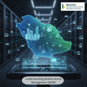 Bluechip logo over a futuristic MDM console screen showing a map of Saudi Arabia (KSA) connected to laptops, phones, and lock icons, illustrating centralized device management.