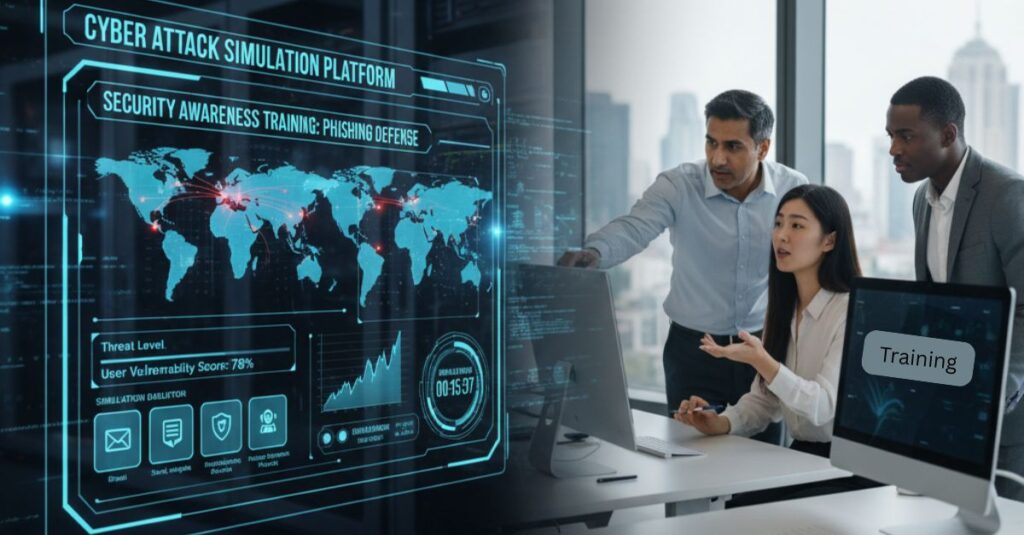 Cybersecurity training simulation interface and professionals in a security awareness session.