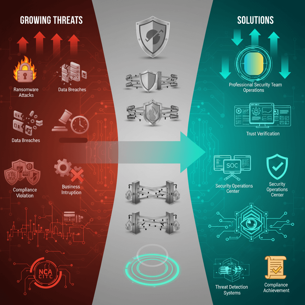 Growing Threats vs. Solutions" infographic: red icons (threats) vs. green icons (solutions) for Saudi Arabian businesses.