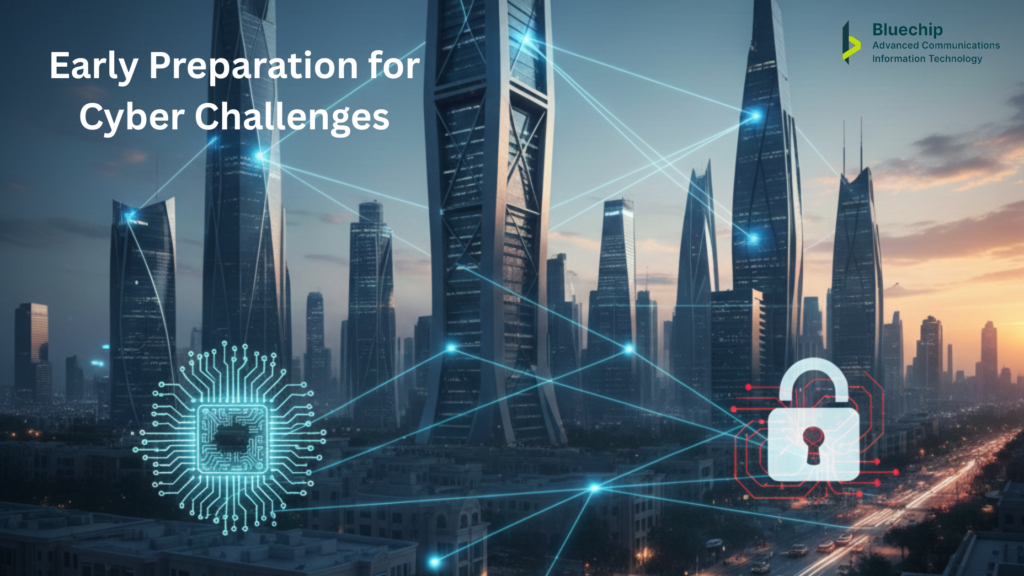 A futuristic view of the Saudi Arabian skyline at dusk with digital network overlays, a microchip icon, and a glowing security padlock representing cybersecurity in digital transformation.