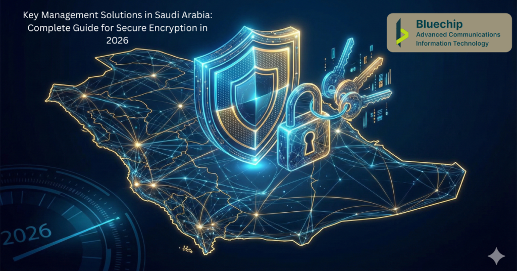 Digital map of Saudi Arabia featuring a glowing shield, padlock, and cryptographic keys representing key management solutions and cyber security data protection for 2026.