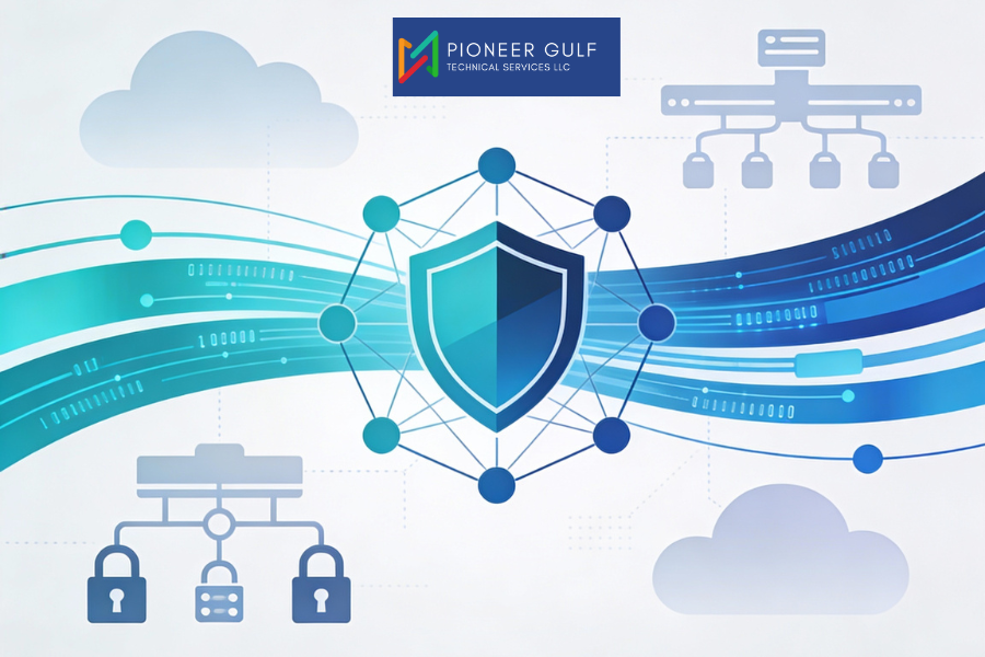Cybersecurity illustration showing encrypted data streams, secure cloud infrastructure, and a digital shield protecting interconnected business networks from cyber threats.