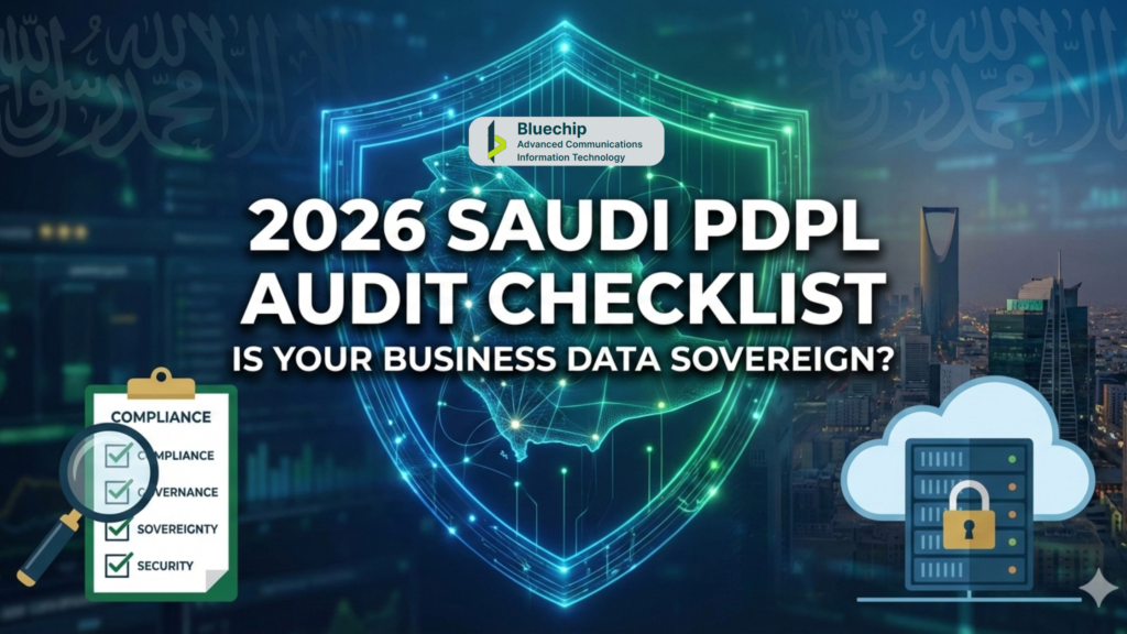 Bluechip-Saudi 2026 PDPL audit checklist graphic showing Saudi map, digital shield, compliance checklist, and secure cloud.