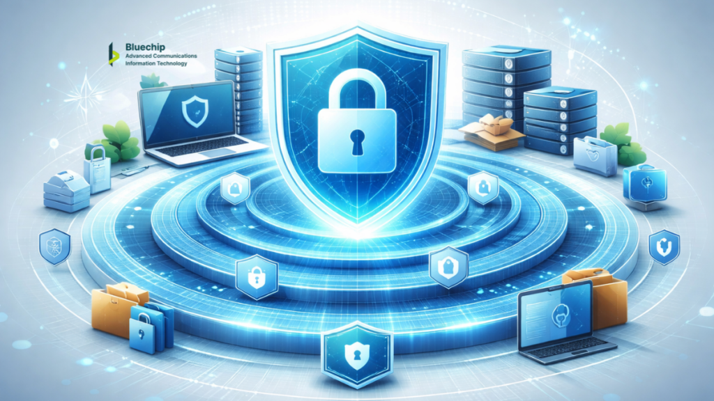 Layered data protection graphic by Bluechip-Saudi showing encrypted systems, secure servers, and controlled access securing business data.