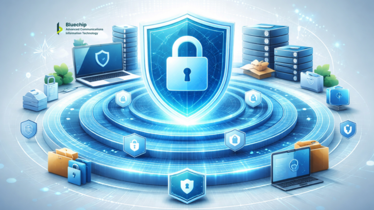 Layered data protection graphic by Bluechip-Saudi showing encrypted systems, secure servers, and controlled access securing business data.