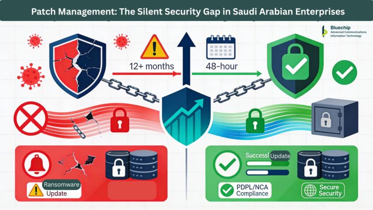 Bluechip-Saudi infographic: Effective patch management comparing unpatched risks vs. PDPL/NCA compliant secure systems.