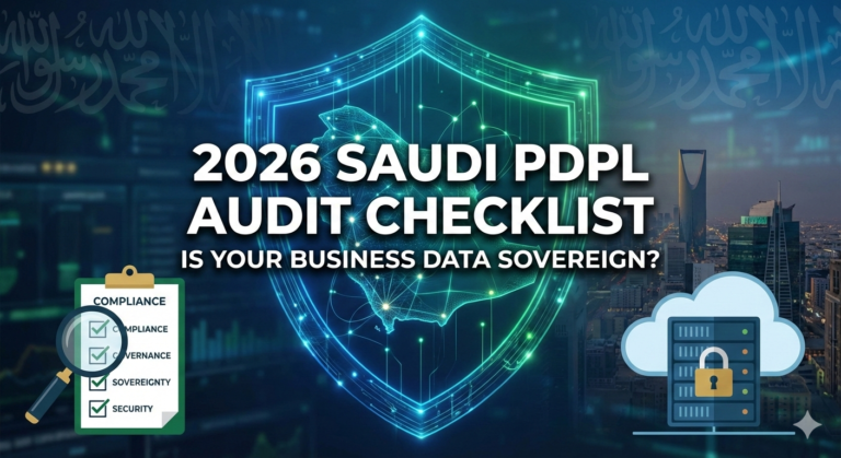 Bluechip-Saudi 2026 PDPL audit checklist graphic showing Saudi map, digital shield, compliance checklist, and secure cloud.