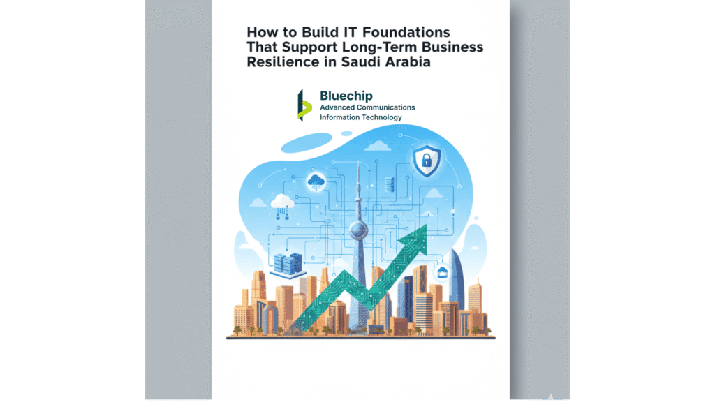 Professional white paper cover for Bluechip Advanced Communications titled "How to Build IT Foundations That Support Long-Term Business Resilience in Saudi Arabia" featuring a digital city skyline and network icons.