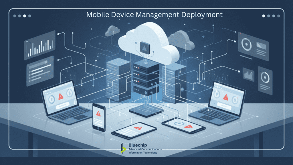 An infographic titled 'Securing the Modern Workspace' explaining the vulnerability gap and MDM solutions, featuring icons for public Wi-Fi risks, malware, and security safeguards like encryption.