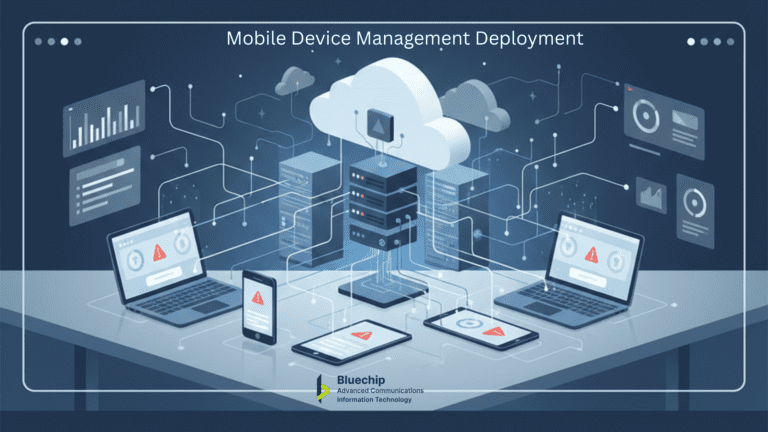 An infographic titled 'Securing the Modern Workspace' explaining the vulnerability gap and MDM solutions, featuring icons for public Wi-Fi risks, malware, and security safeguards like encryption.