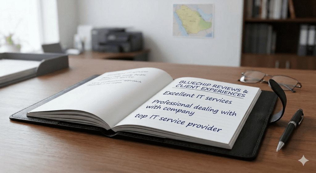 A close-up view of an open notebook with handwritten client testimonials for Bluechip IT services on a wooden desk.