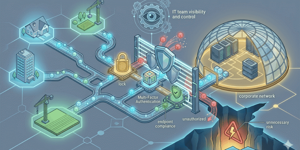 A conceptual diagram create by Bluechip-Saudi of secure remote access in Saudi Arabia showing encrypted data paths from homes and construction sites to a protected corporate network via ZTNA, multi-factor authentication, and endpoint compliance layers.