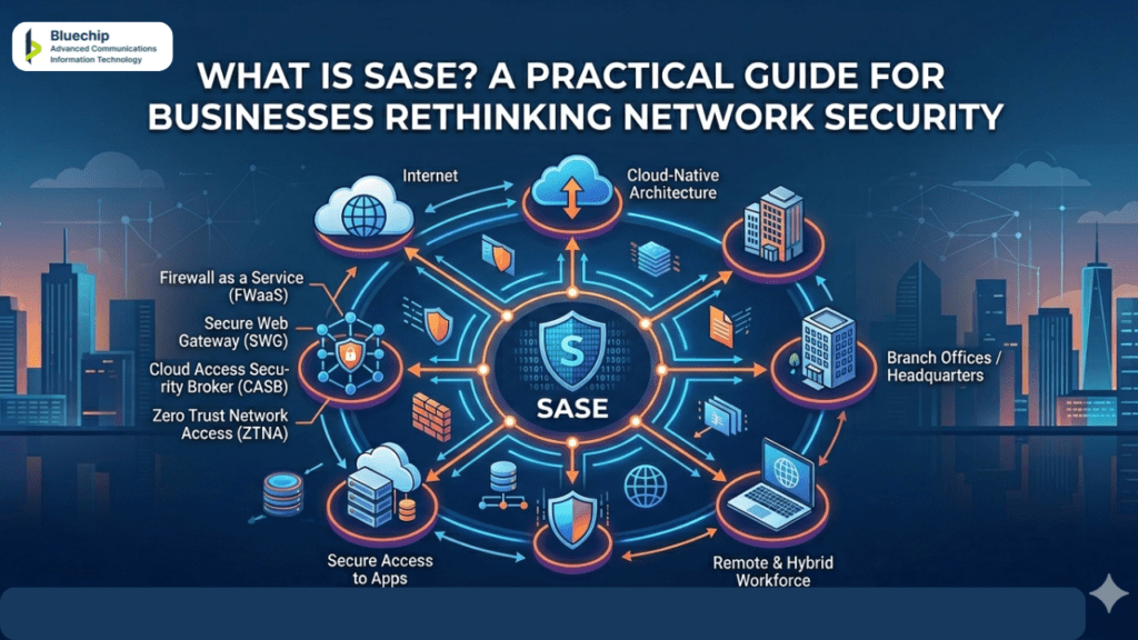 Infographic by Bluechip-Saudi showing SASE (Secure Access Service Edge) architecture connecting cloud-native services, remote systems, and branch offices through a central security hub.