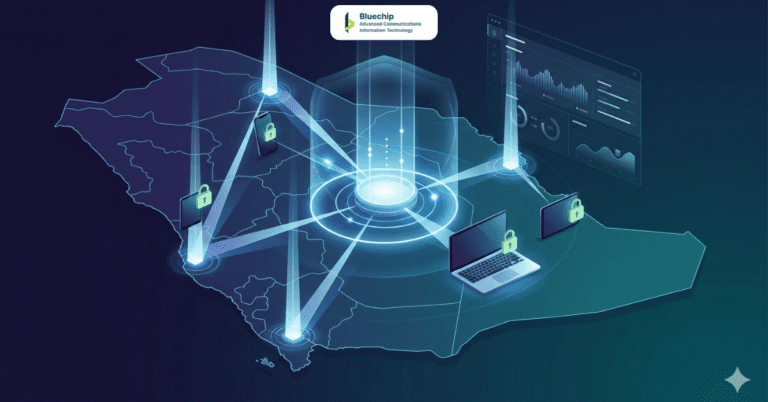 A high-tech conceptual map by Bluechip-Saudi of Saudi Arabia featuring a glowing secure core, protective energy shield, and managed remote devices with green padlock icons.