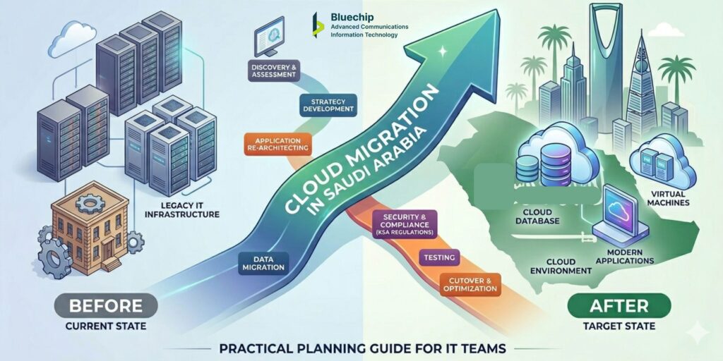 Bluechip-Saudi's Infographic showing the step-by-step cloud migration process in Saudi Arabia, from legacy IT infrastructure to a modern cloud environment featuring the KSA map and skyline.
