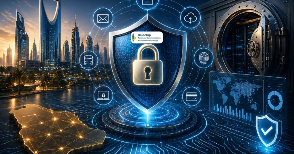 Futuristic cybersecurity scene with a central shield and lock, surrounded by digital data icons, a secure vault, and a Saudi-inspired skyline, representing enterprise data protection and secure data flow.