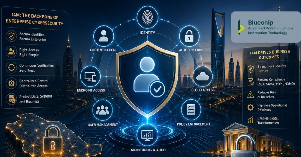 Futuristic identity and access management visualization with a central digital identity shield, surrounded by authentication, authorization, and access control elements across a Saudi-inspired digital infrastructure.