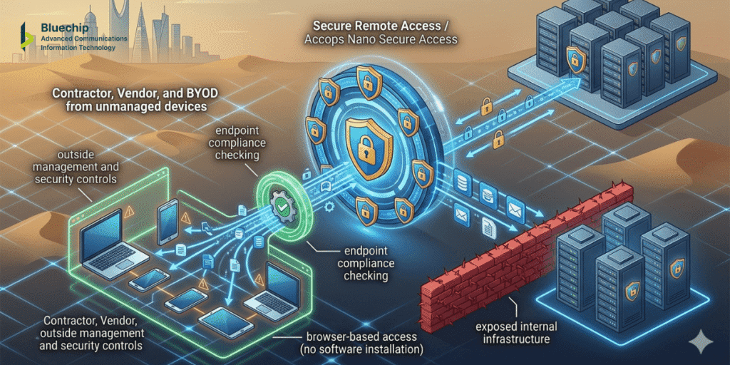 Infographic showing secure remote access architecture for Saudi enterprises, featuring endpoint compliance checking and browser-based access for BYOD and contractors, set against a Riyadh skyline backdrop.