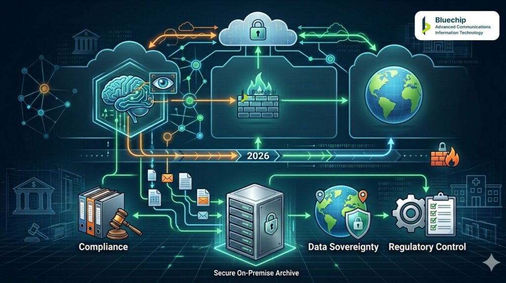 An IT infographic illustrating data security, compliance, and archiving workflows against a dark blue, grid-lined digital background.