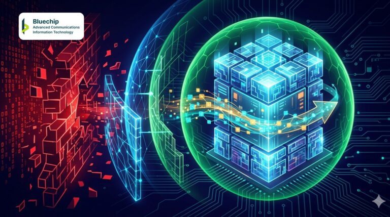 Digital illustration of an immutable data storage cube safely enclosed in a green protective dome shield, symbolizing storage and backup security against a breaking red cyberattack wall.