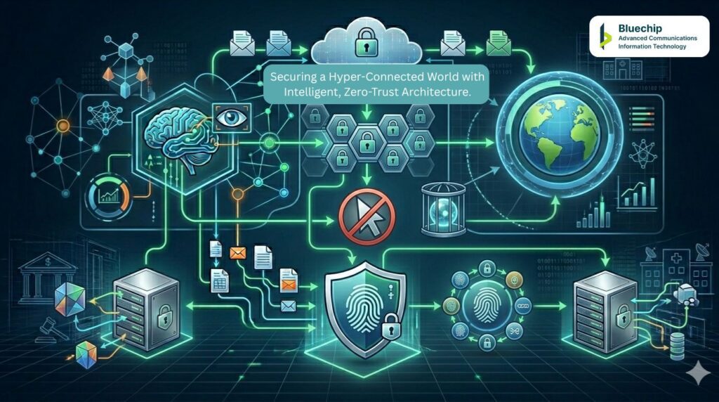 Intricate cyber security infographic showcasing an AI-driven brain, encrypted data paths, a central fingerprint shield, a global 'Zero Trust' network with a blocked pointer, and biometric authentication nodes, all connected to protected servers, with a dark technical schematic background.