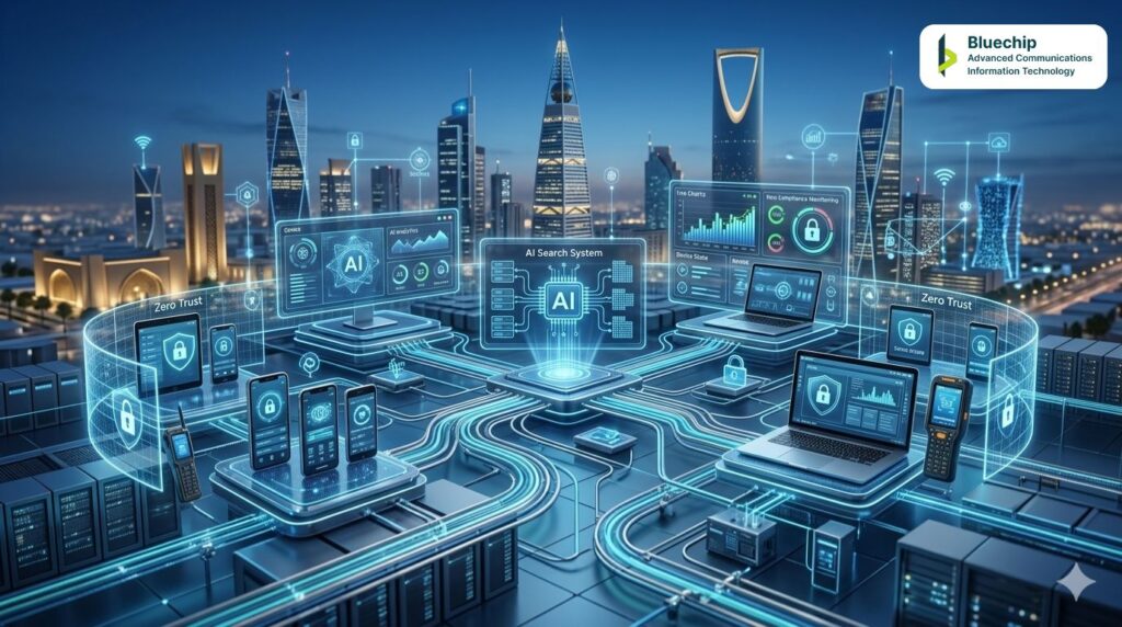 Futuristic secure mobile device management infrastructure in Riyadh, showcasing the future of mobile device management in Saudi Arabia with AI dashboards, Zero Trust architecture, and data pipelines over the smart-city skyline.
