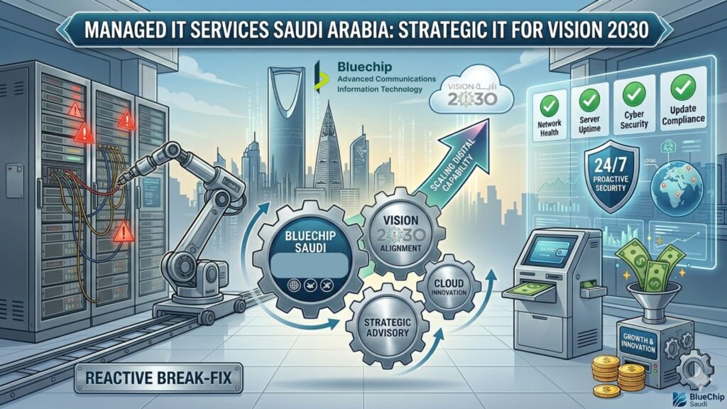 An infographic by BlueChip Saudi comparing reactive break-fix IT with Managed IT Services, highlighting proactive monitoring, 24/7 security, and alignment with Saudi Vision 2030