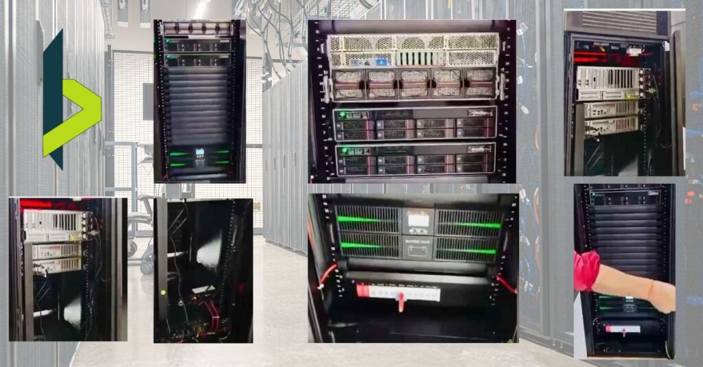 A technical infrastructure collage by Bluechip Saudi showcasing the deployment anatomy of a self-contained Turnkey AI Micro Data Center (MDC) rack, featuring high-density compute nodes, airflow isolation blanking panels, and a rack-mounted continuous online double-conversion UPS battery module with green indicators