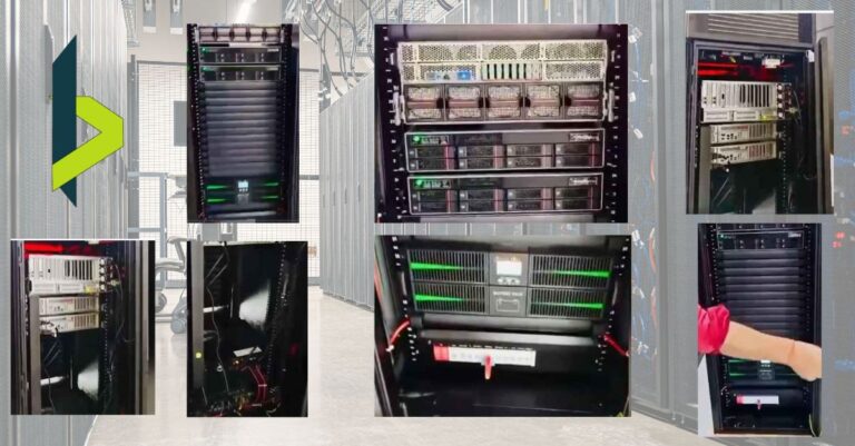 A technical infrastructure collage by Bluechip Saudi showcasing the deployment anatomy of a self-contained Turnkey AI Micro Data Center (MDC) rack, featuring high-density compute nodes, airflow isolation blanking panels, and a rack-mounted continuous online double-conversion UPS battery module with green indicators