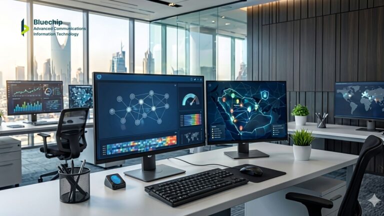 Enterprise cybersecurity monitors showing MFA network dashboards and a biometric scanner in a Saudi Arabia corporate office.