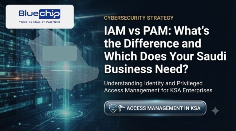 Bluechip logo with IAM vs PAM cybersecurity guide for Saudi businesses, explaining identity and privileged access management. (