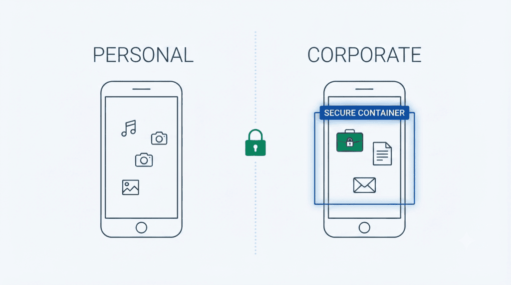 Personal and corporate mobile data separated by a secure container for enterprise data protection