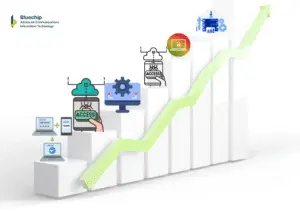 Bluechip IT growth chart with devices and network icons on rising green arrow steps.
