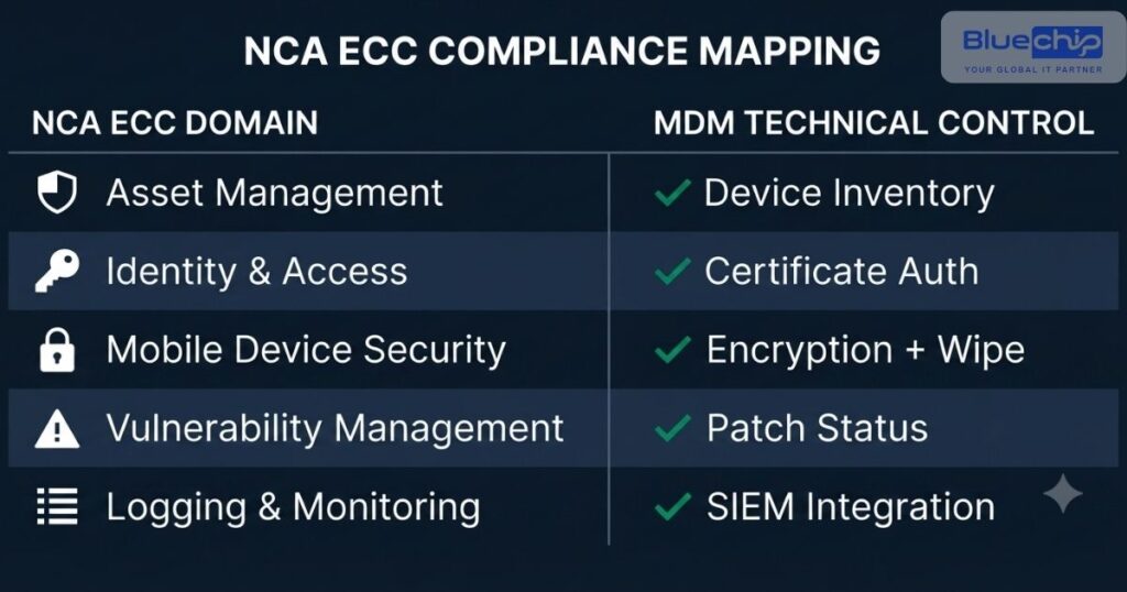 NCA ECC Compliance Mapping chart showing MDM controls: Device Inventory, Cert Auth, Encryption/Wipe, Patch Status, SIEM Integration.