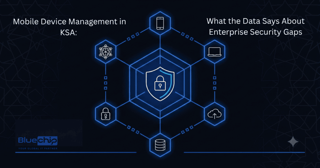 Mobile Device Management in KSA with enterprise security and data protection illustrated by Bluechip Saudi.
