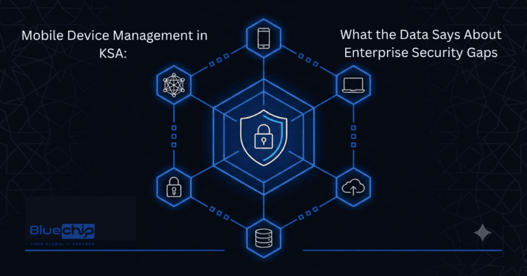 Mobile Device Management in KSA with enterprise security and data protection illustrated by Bluechip Saudi.