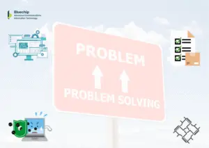 Bluechip Saudi technology solutions provider in Saudi Arabia illustrating problem-solving concepts with IT infrastructure and security icons.