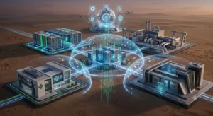 Futuristic smart enterprise network connecting data centers, healthcare, and industrial infrastructure under secure digital shields.
