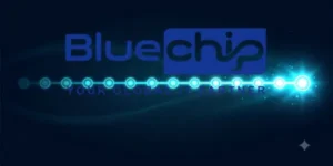 A luminous cyan timeline featuring 14 glowing waypoint nodes progresses in intensity against a dark navy backdrop—symbolizing spiritual growth and the journey of Bluechip toward light.