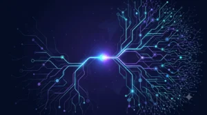 Futuristic branching node network expanding outward in cyan and violet tones against a dark background.